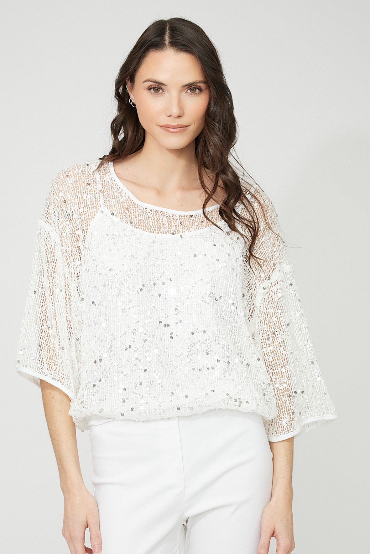 FL261116  Sheer Shell Shimmer Top With White Cami