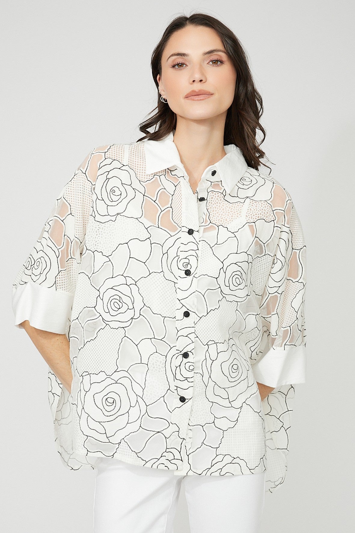 FL261194 Rayon Burnout Breezy Button Front Overshirt