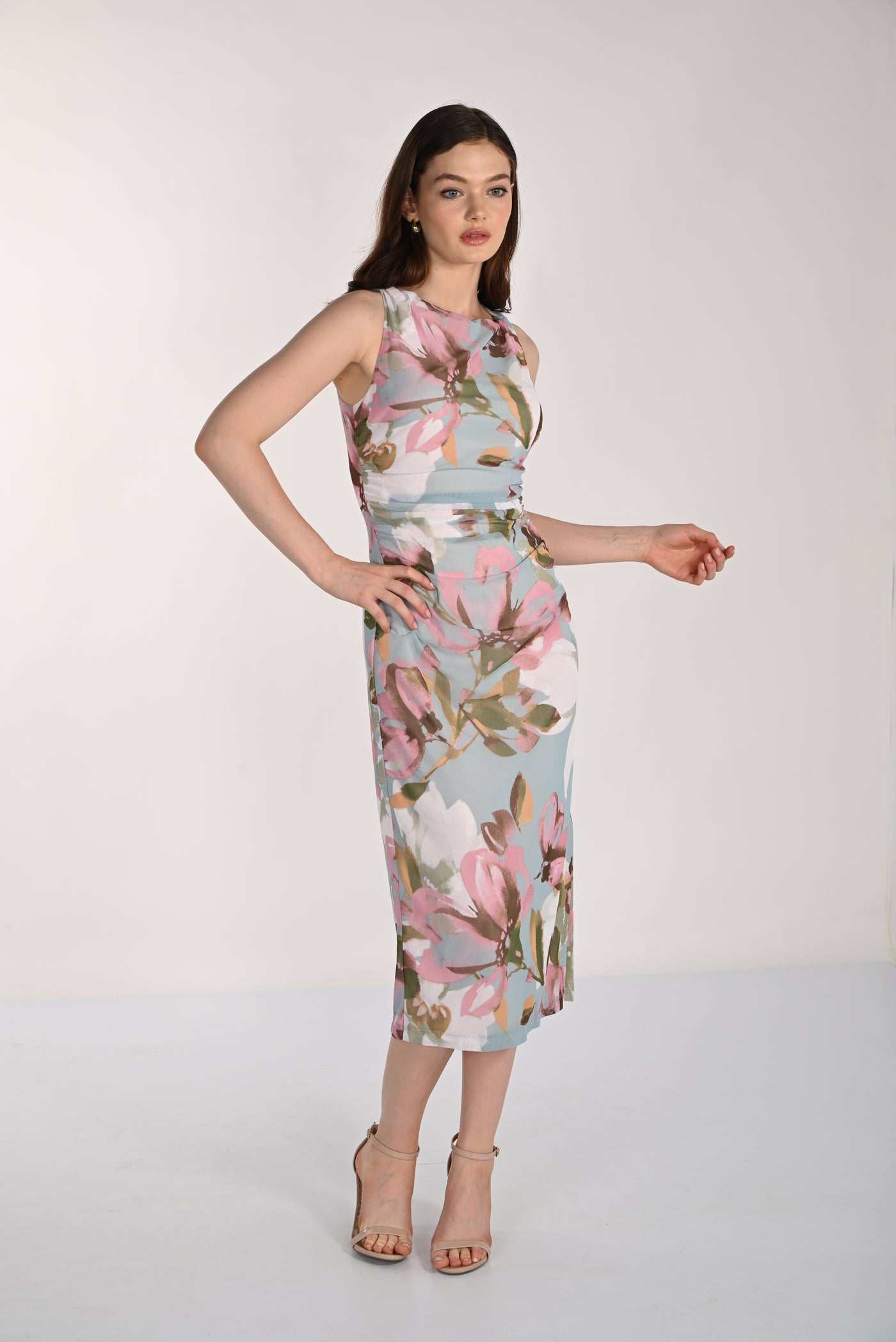 FL261362 Hawaii Evenings Print Gather So S/Less Boatneck Dress
