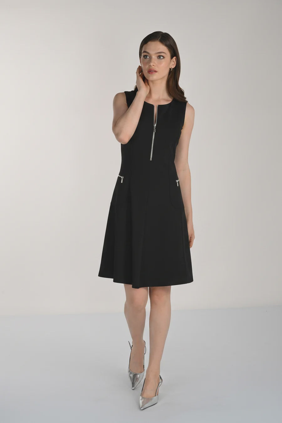 FL261404 Classic BLACK Fit & Flair A-Line Zip Trim Dress