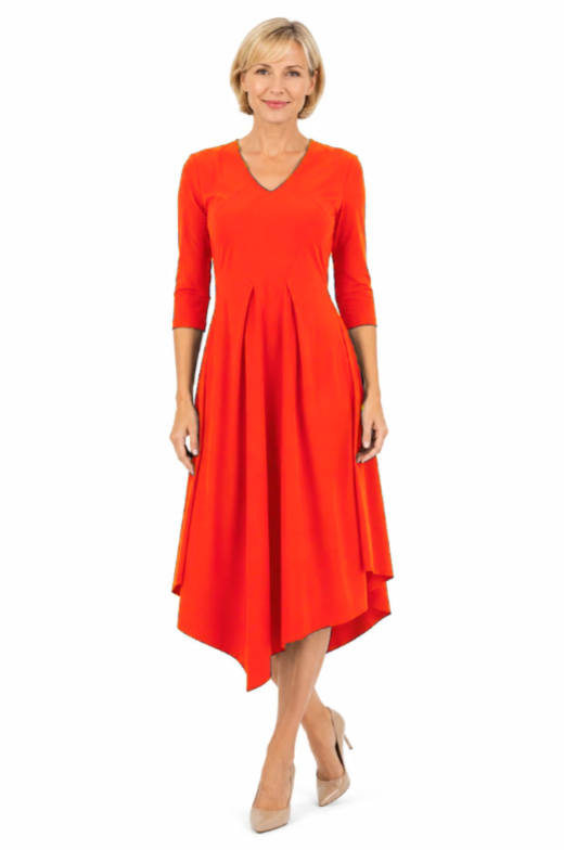 DC26143  CORAL Eurojersey V-Neck 3/4 Sleeve Full Skirt Dress