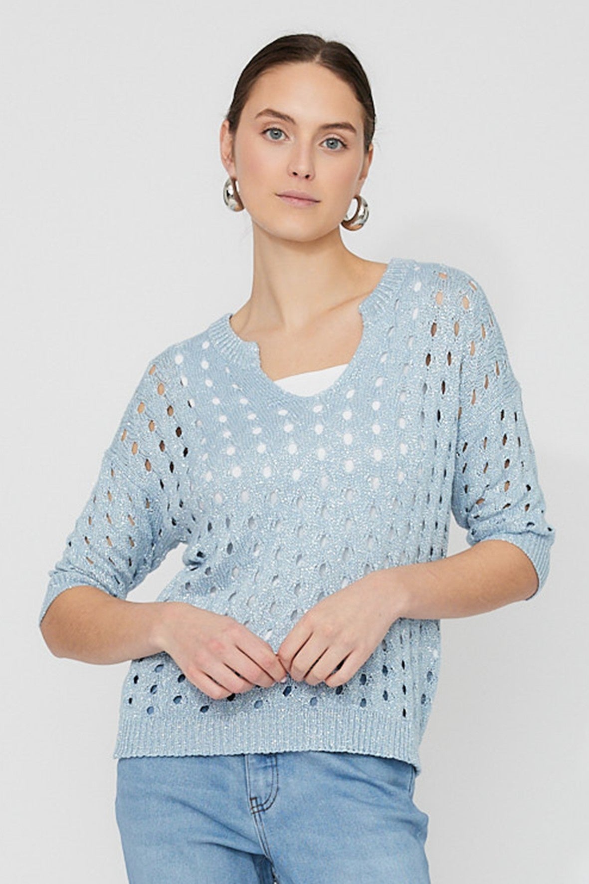 FL261611 Fine Crochet V Neck Sweater
