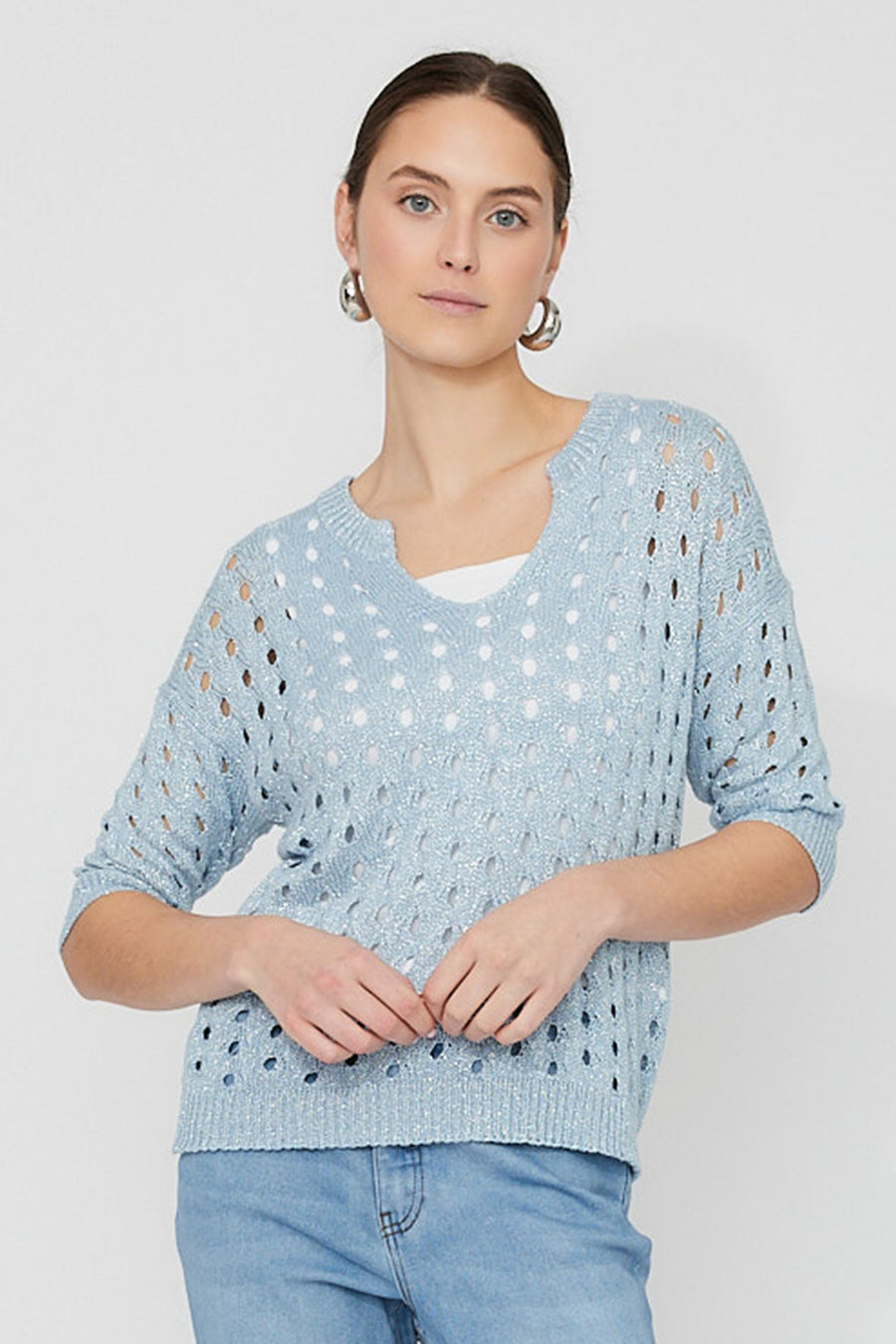 FL261611 Fine Crochet V Neck Sweater