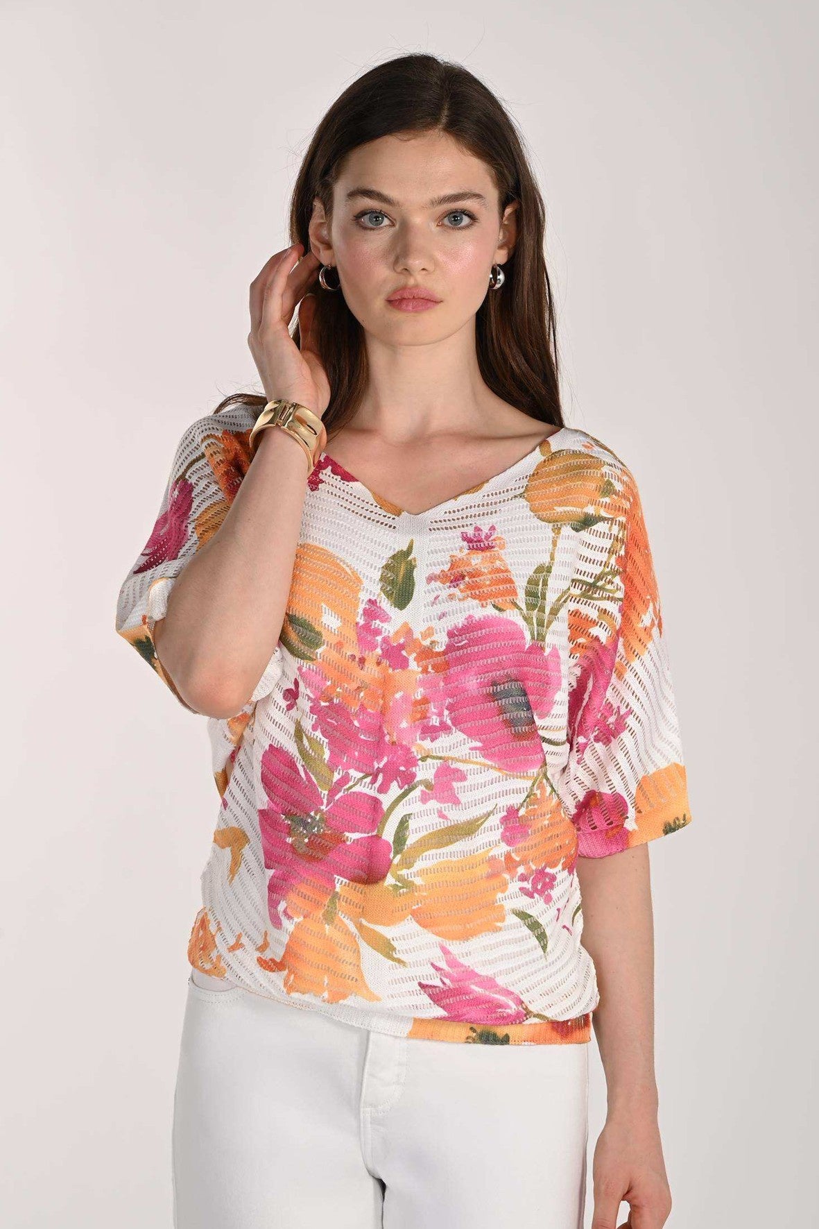 FL261644 Micro Pleat V Neck Print Shell Top