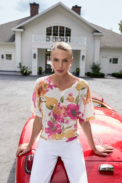 FL261644 Micro Pleat V Neck Print Shell Top