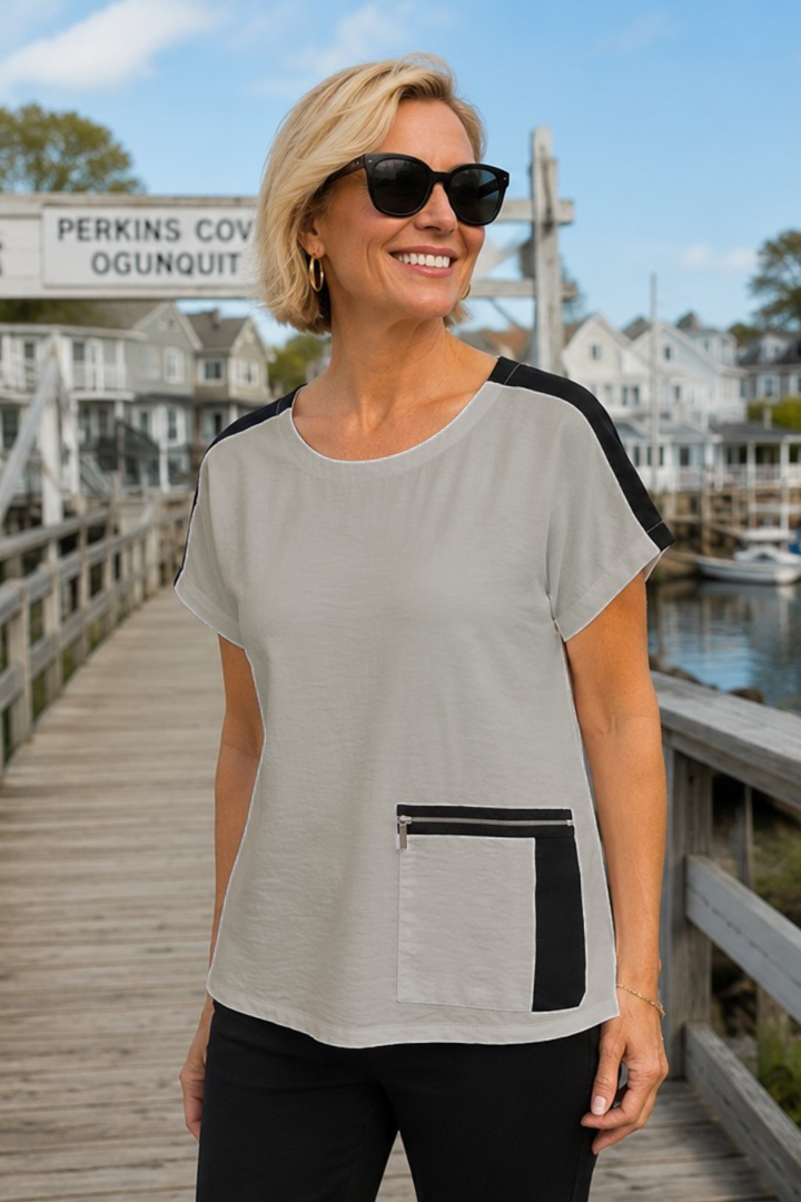 DC26185 SAND Sporty-chic Zip Trim Shell Top