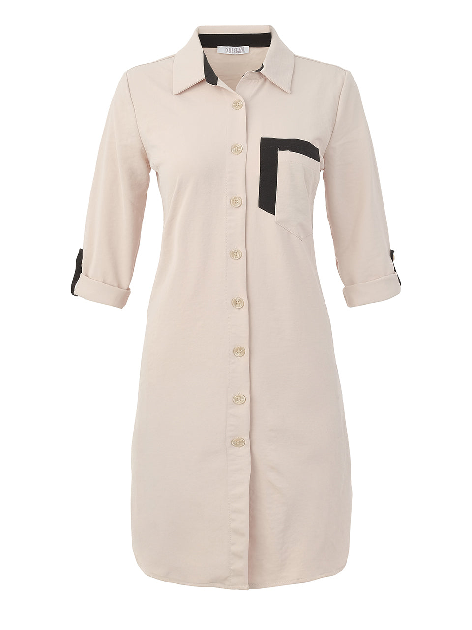 DC26187 SAND Button Front Tab Sleeve Shirt Dress