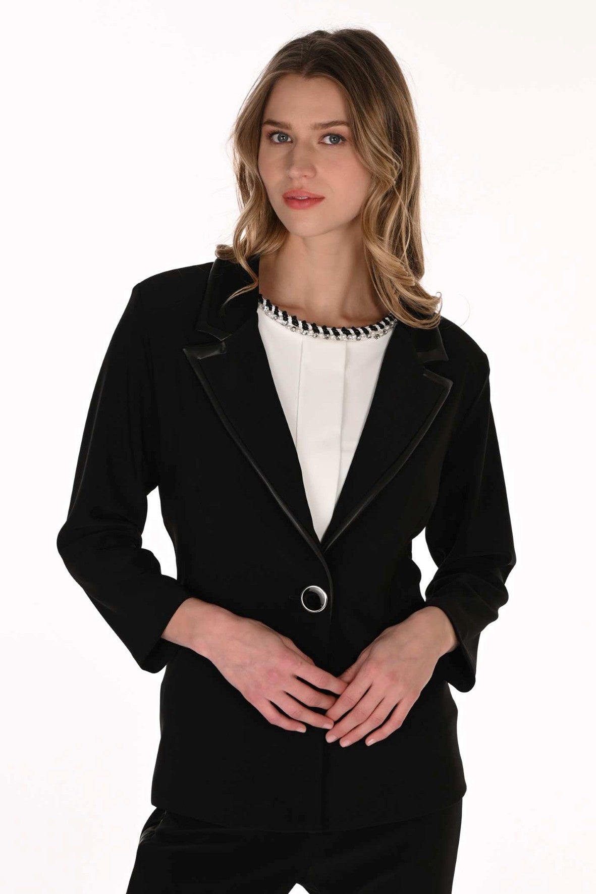 FL263012 Leatherette Trim Tuxedo Lapel Shaped 7/8 Sleeve Blazer