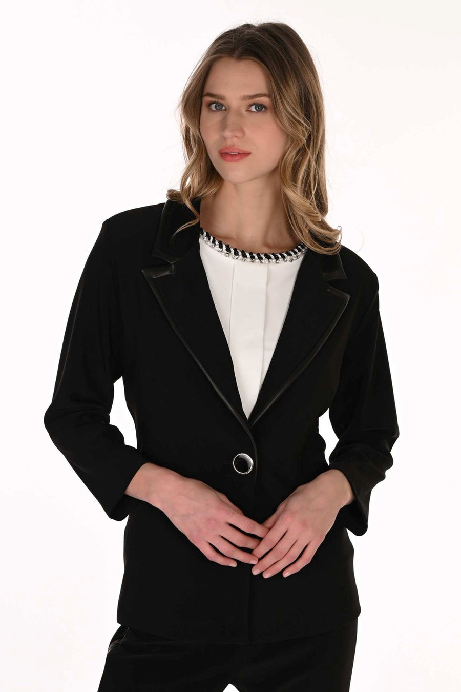 FL263012 Leatherette Trim Tuxedo Lapel Shaped 7/8 Sleeve Blazer