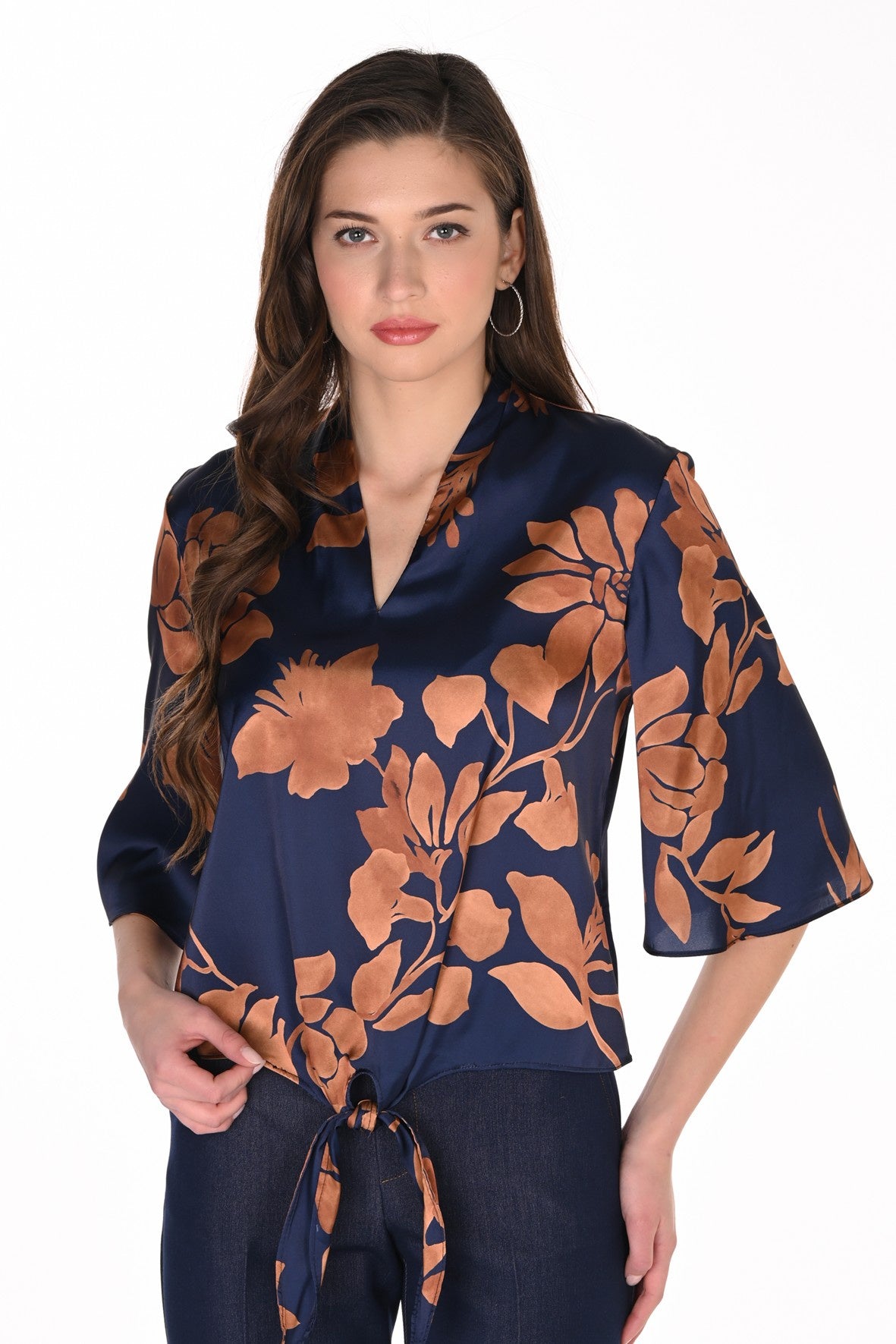 FL263167 Copper & Ink Tie Front Shell Shape V Neck