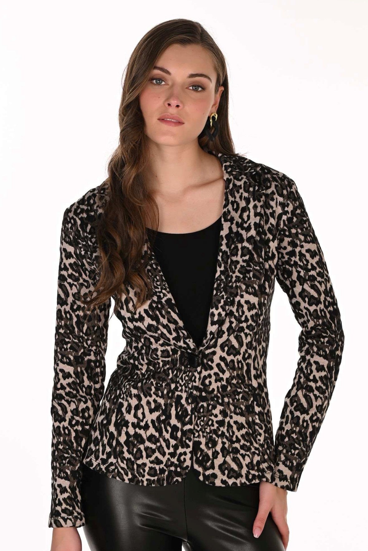 FL263275 Flocked Leopard Square Button Shaped Blazer