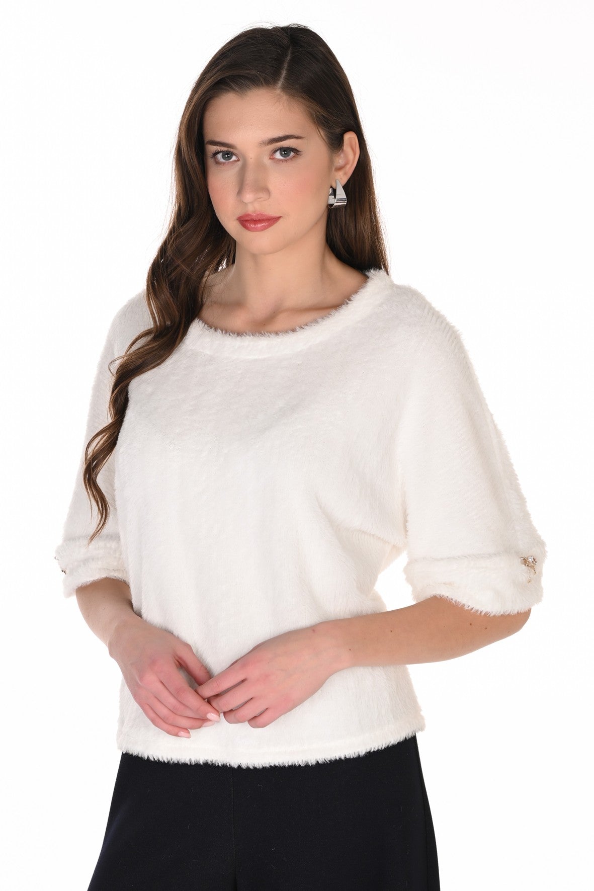FL263356 Feather Knit Half Sleeve Sweater