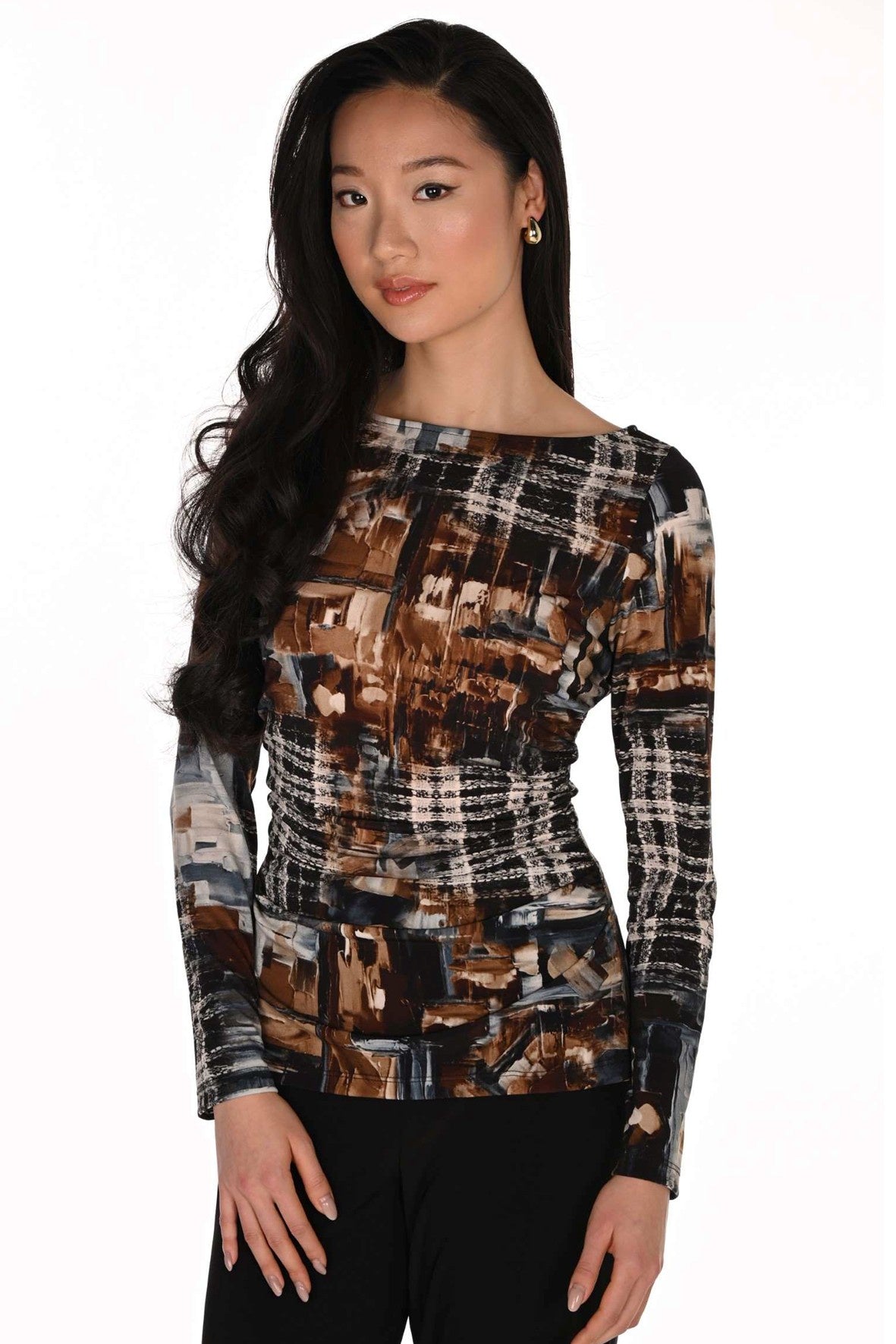 FL263385 Textural Print Euro Knit Boat Neck Top