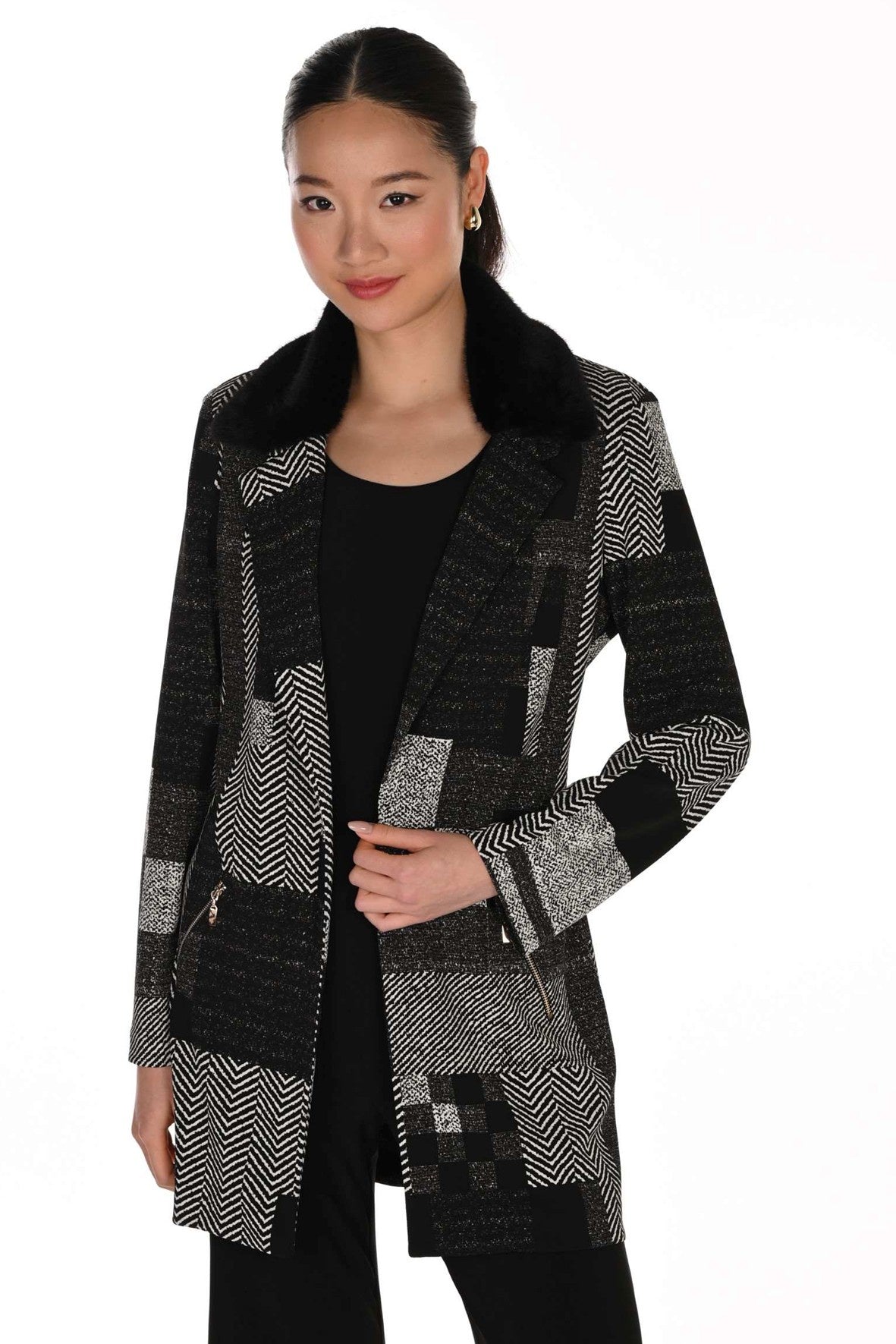 FL263459 Woven Patchwork Longline Jacket with Detachable Fur Collar