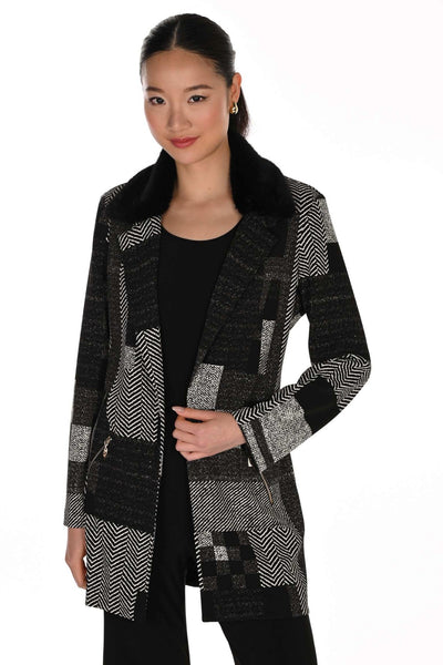 FL263459 Woven Patchwork Longline Jacket with Detachable Fur Collar