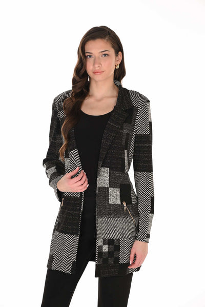 FL263459 Woven Patchwork Longline Jacket with Detachable Fur Collar