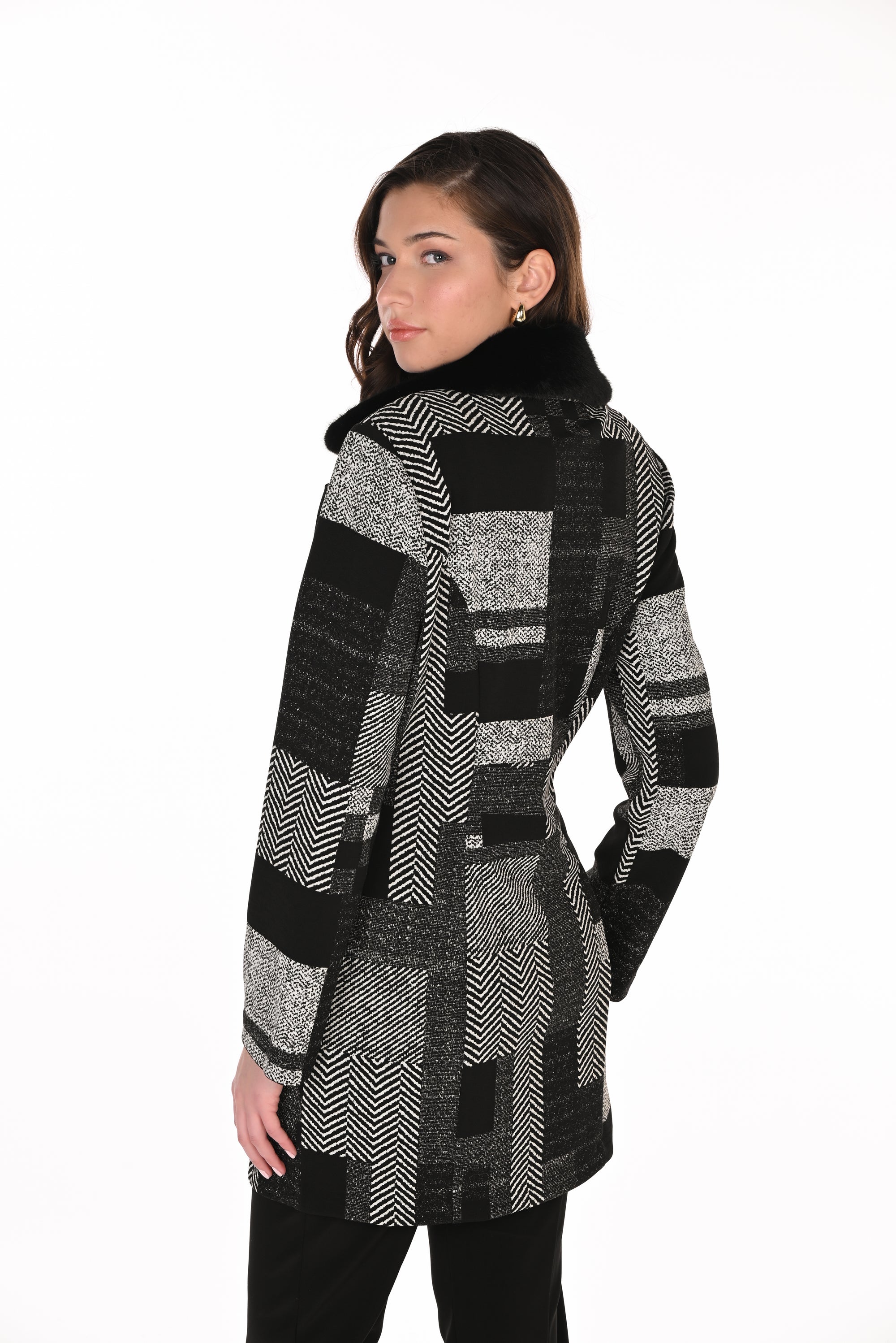 FL263459 Woven Patchwork Longline Jacket with Detachable Fur Collar