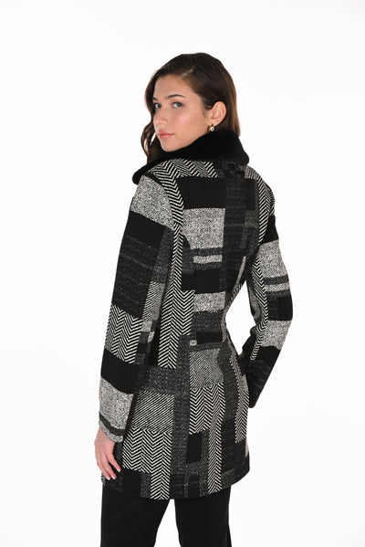 FL263459 Woven Patchwork Longline Jacket with Detachable Fur Collar