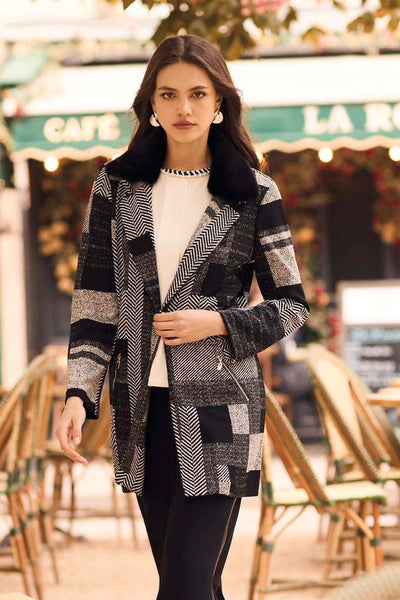 FL263459 Woven Patchwork Longline Jacket with Detachable Fur Collar