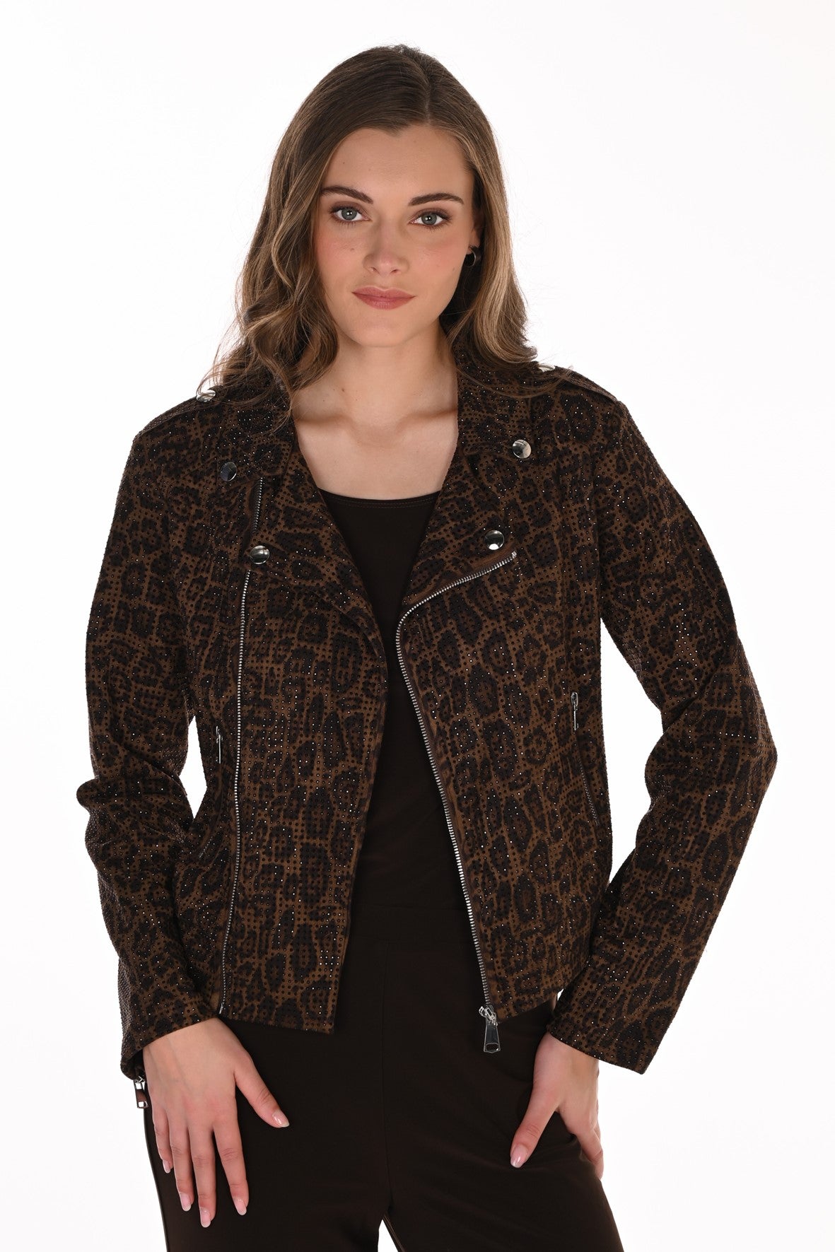FL263702 Leopard Print Studded Biker Jacket