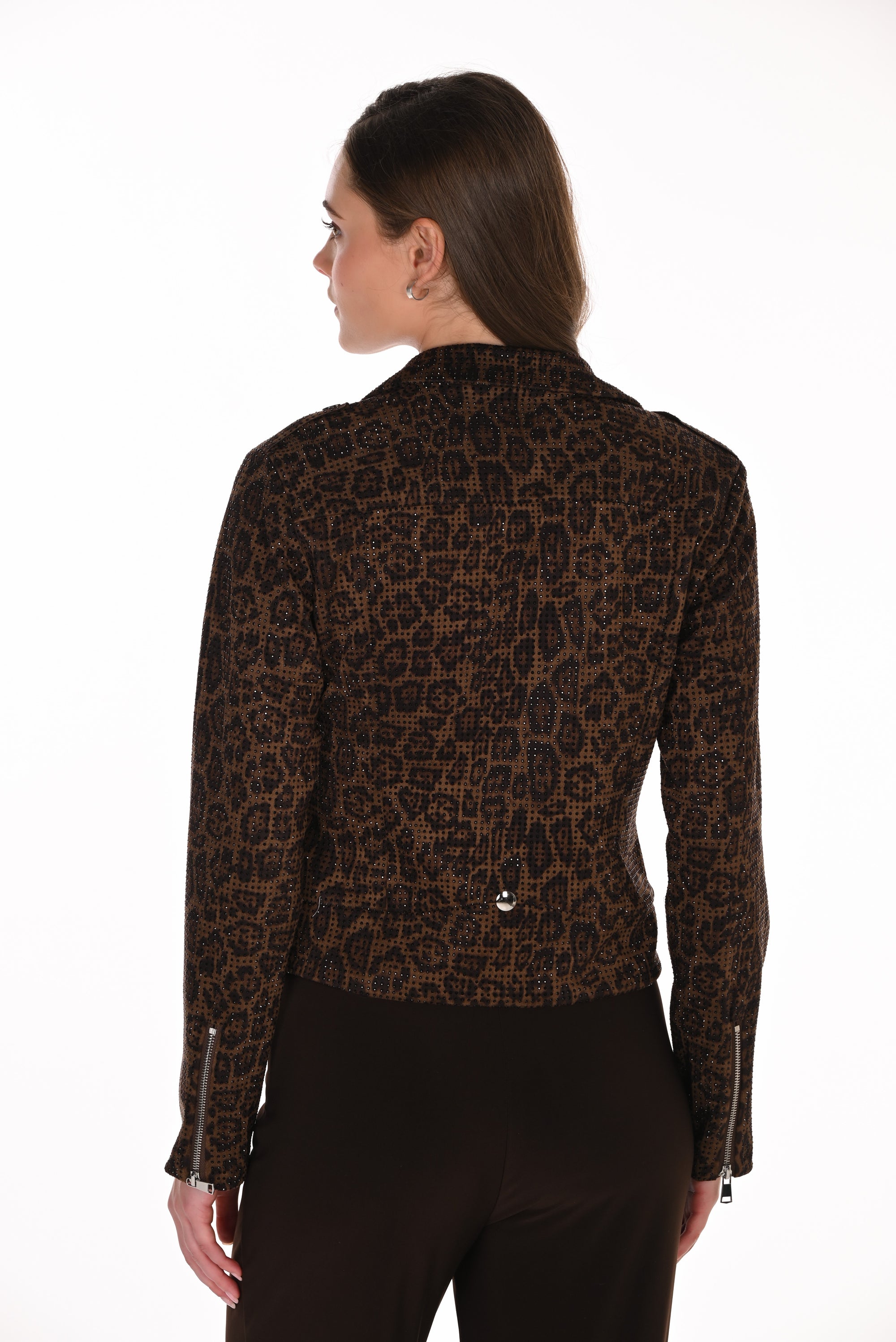 FL263702 Leopard Print Studded Biker Jacket