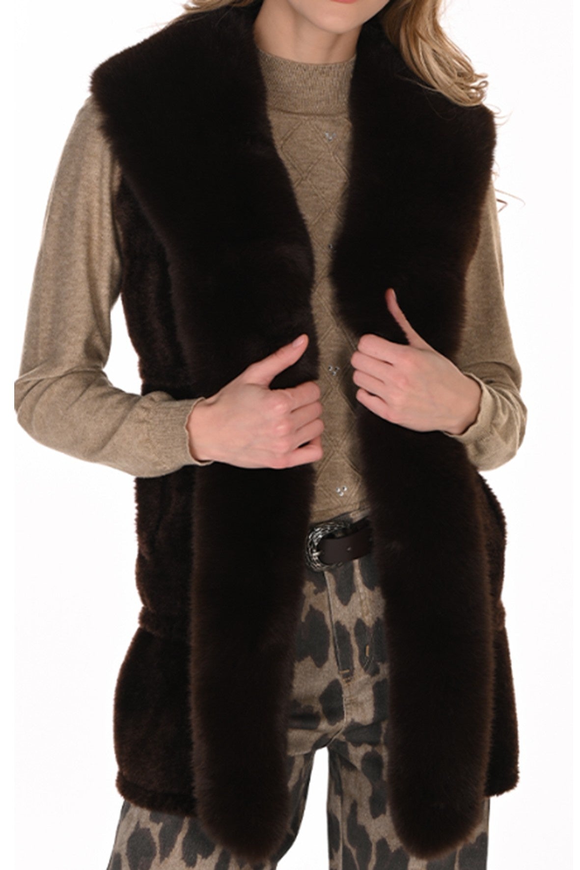 FL263704 Faux Mink Feather KnitFur Collar Long Vest