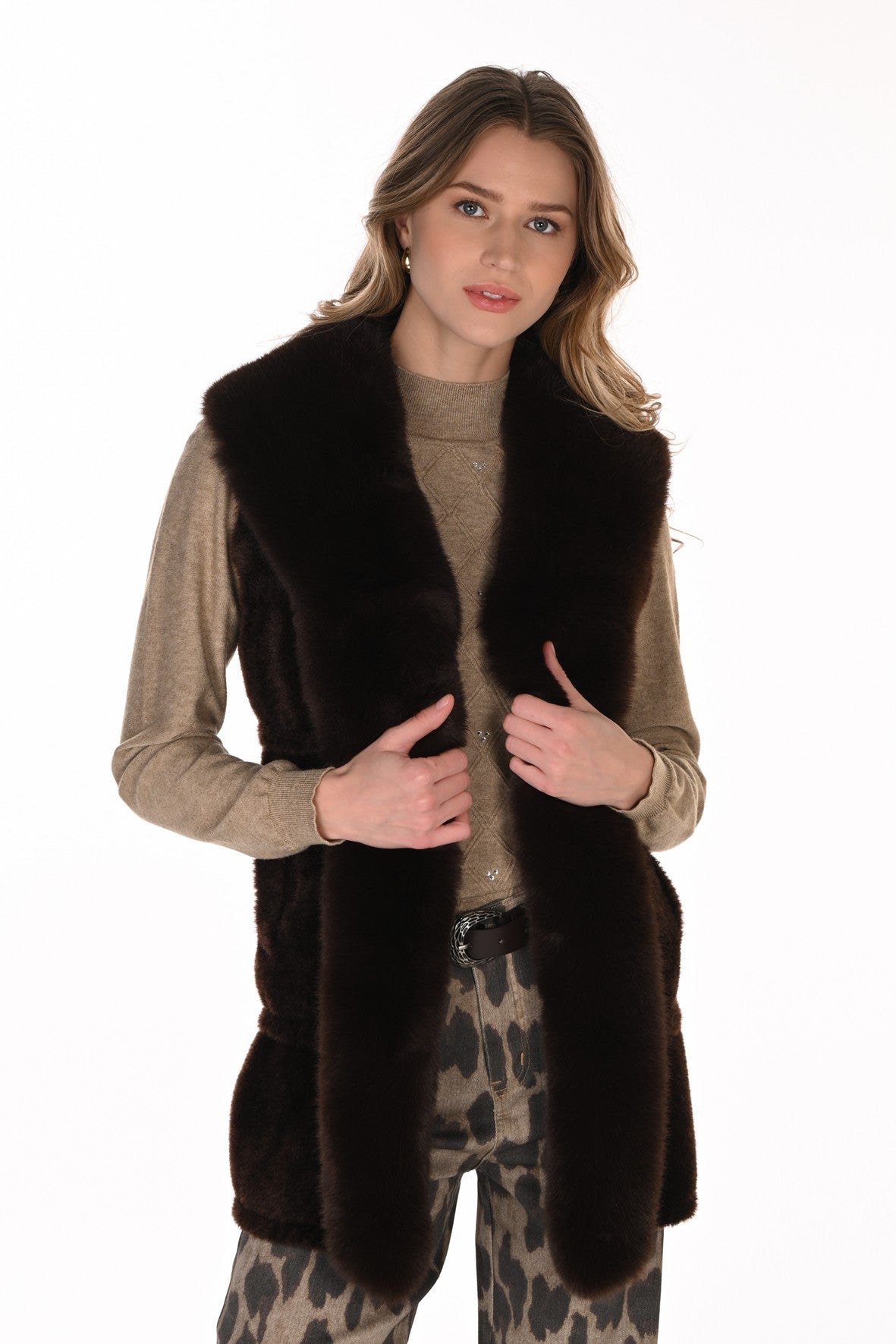 FL263704 Faux Mink Feather KnitFur Collar Long Vest
