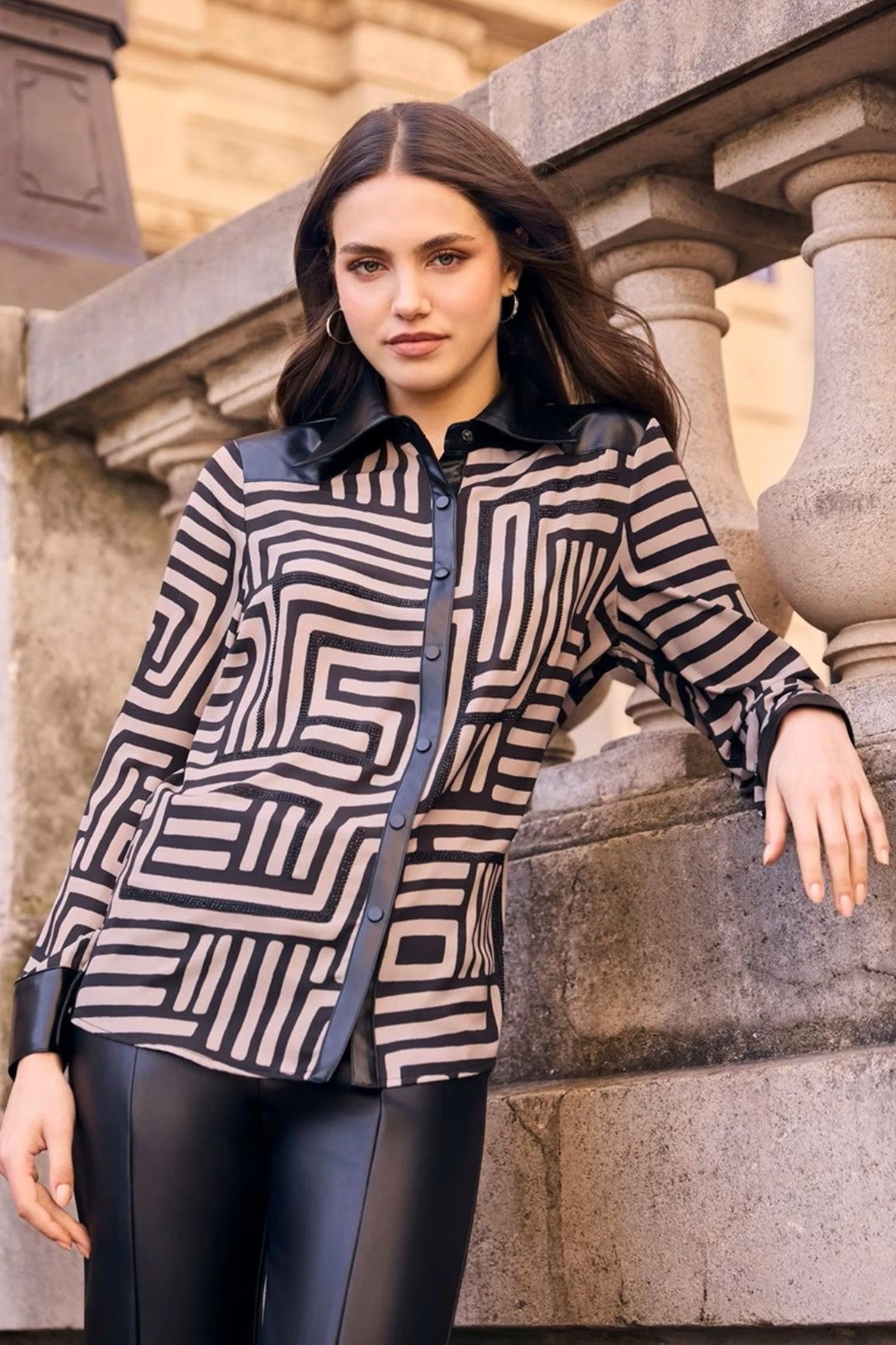 FL263715 Fine Chiffon Crepe Leatherette Trim Shirt