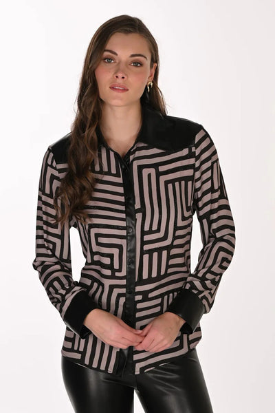 FL263715 Fine Chiffon Crepe Leatherette Trim Shirt