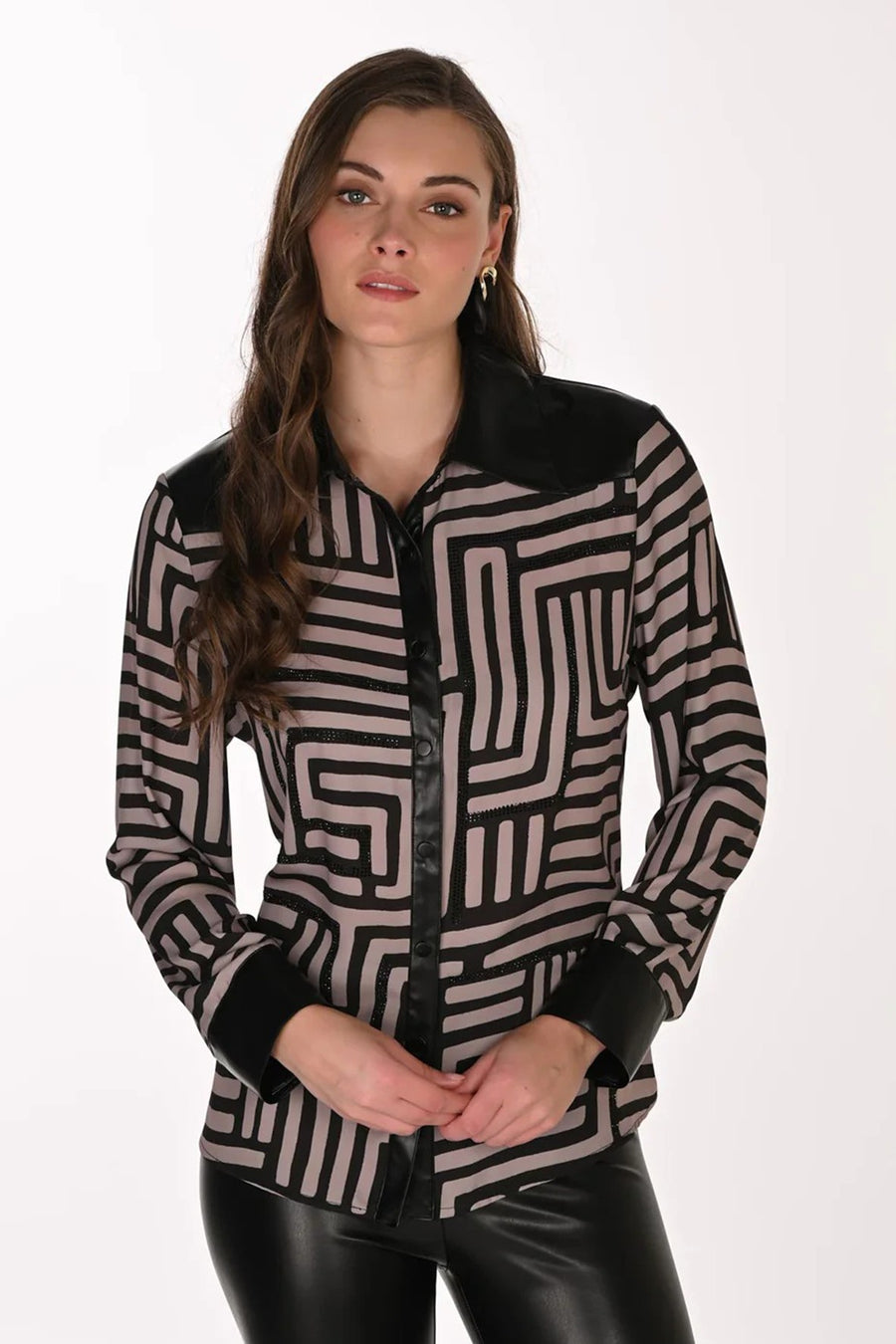 FL263715 Fine Chiffon Crepe Leatherette Trim Shirt