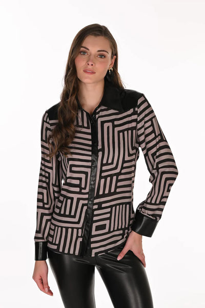 FL263715 Fine Chiffon Crepe Leatherette Trim Shirt