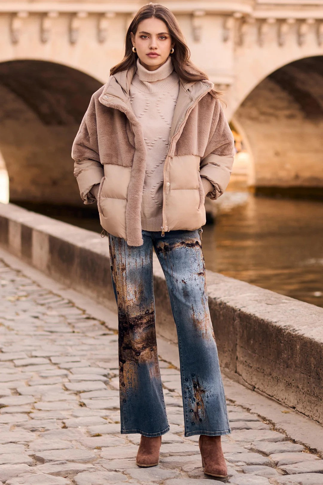 FL263737 BLACK Fur & Quilt, Rib Cuff Weekend Puffer Jacket