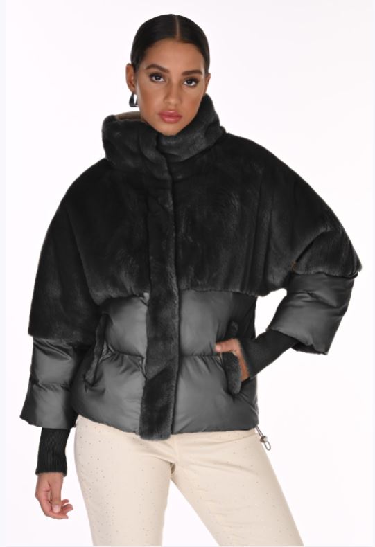 FL263737 BLACK Fur & Quilt, Rib Cuff Weekend Puffer Jacket