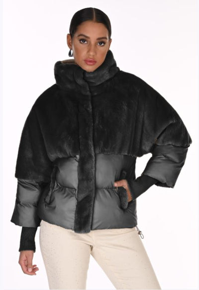 FL263737 BLACK Fur & Quilt, Rib Cuff Weekend Puffer Jacket