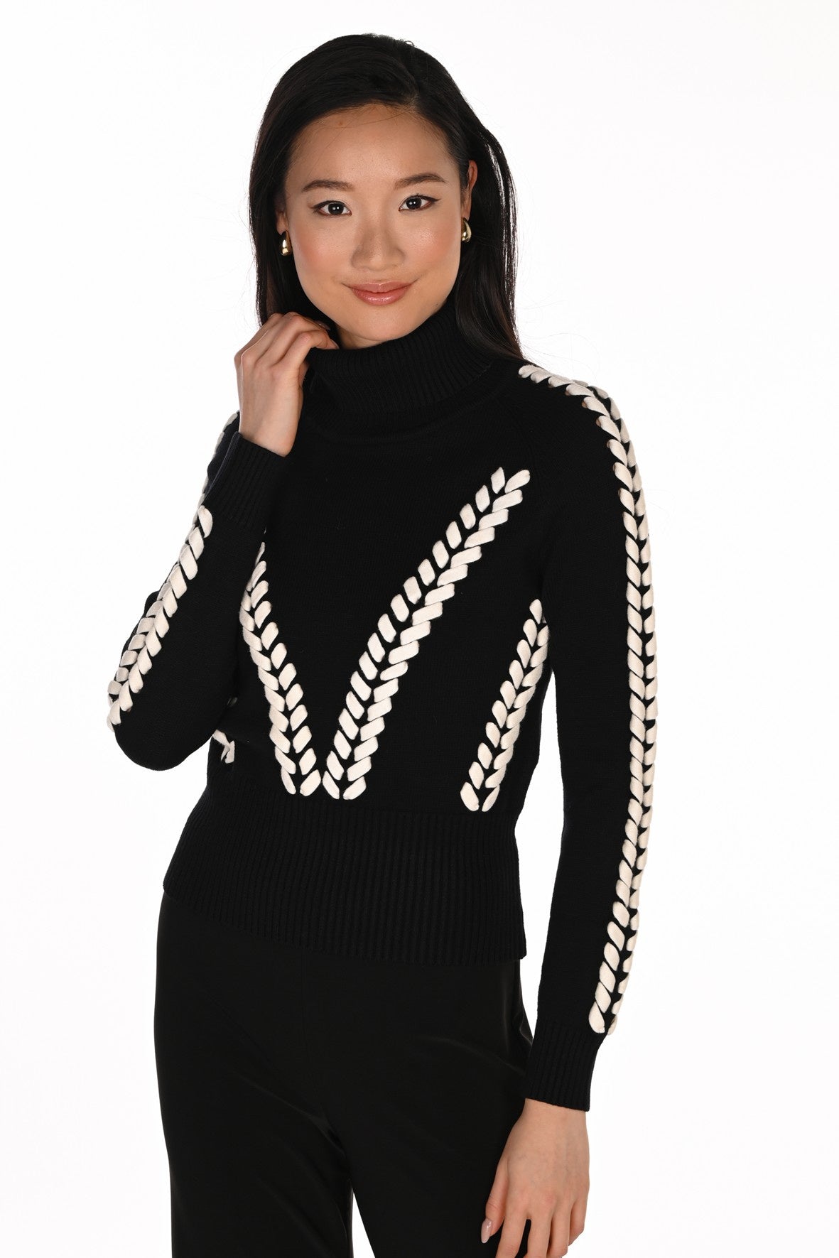 FL263754 Cable Contrast Rib Polo-neck Hem Sweater