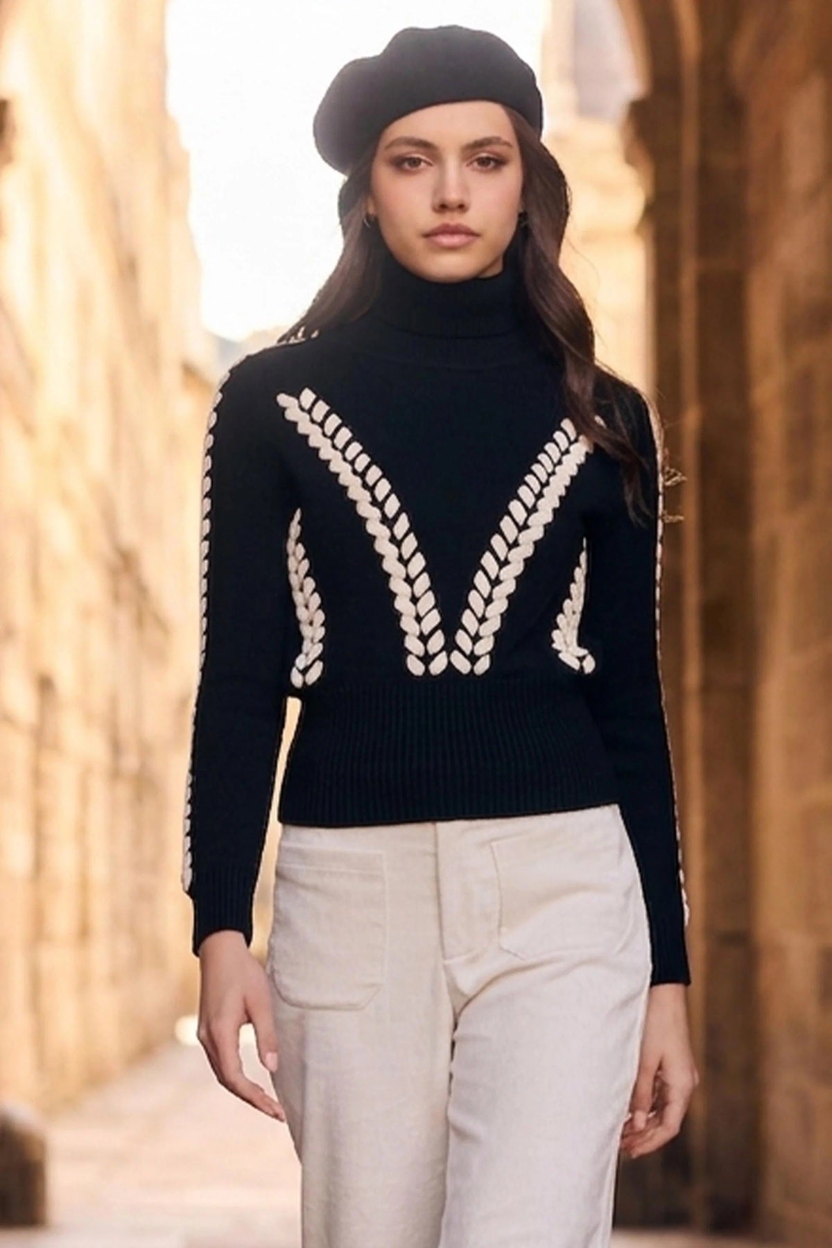 FL263754 Cable Contrast Rib Polo-neck Hem Sweater