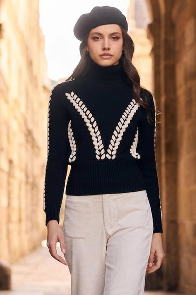 FL263754 Cable Contrast Rib Polo-neck Hem Sweater