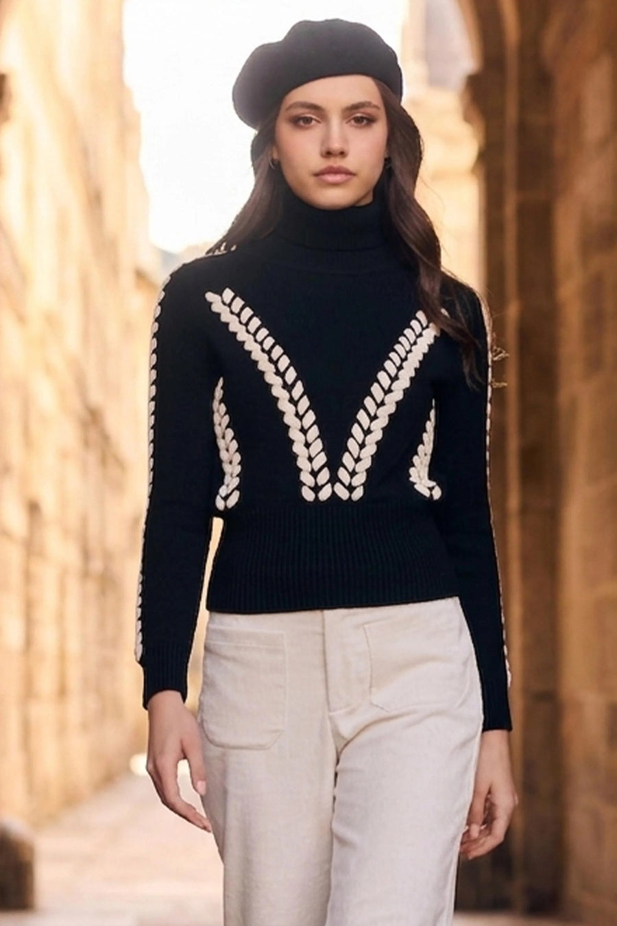 FL263754 Cable Contrast  Sweater with Deep Rib Polo & Hem