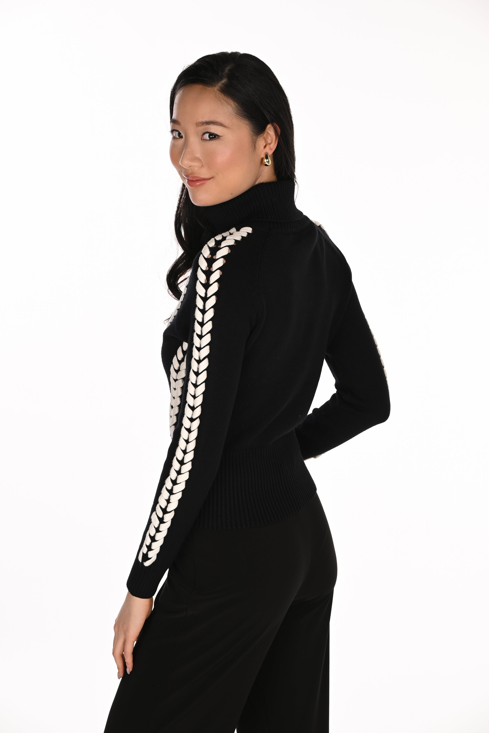 FL263754 Cable Contrast Rib Polo-neck Hem Sweater
