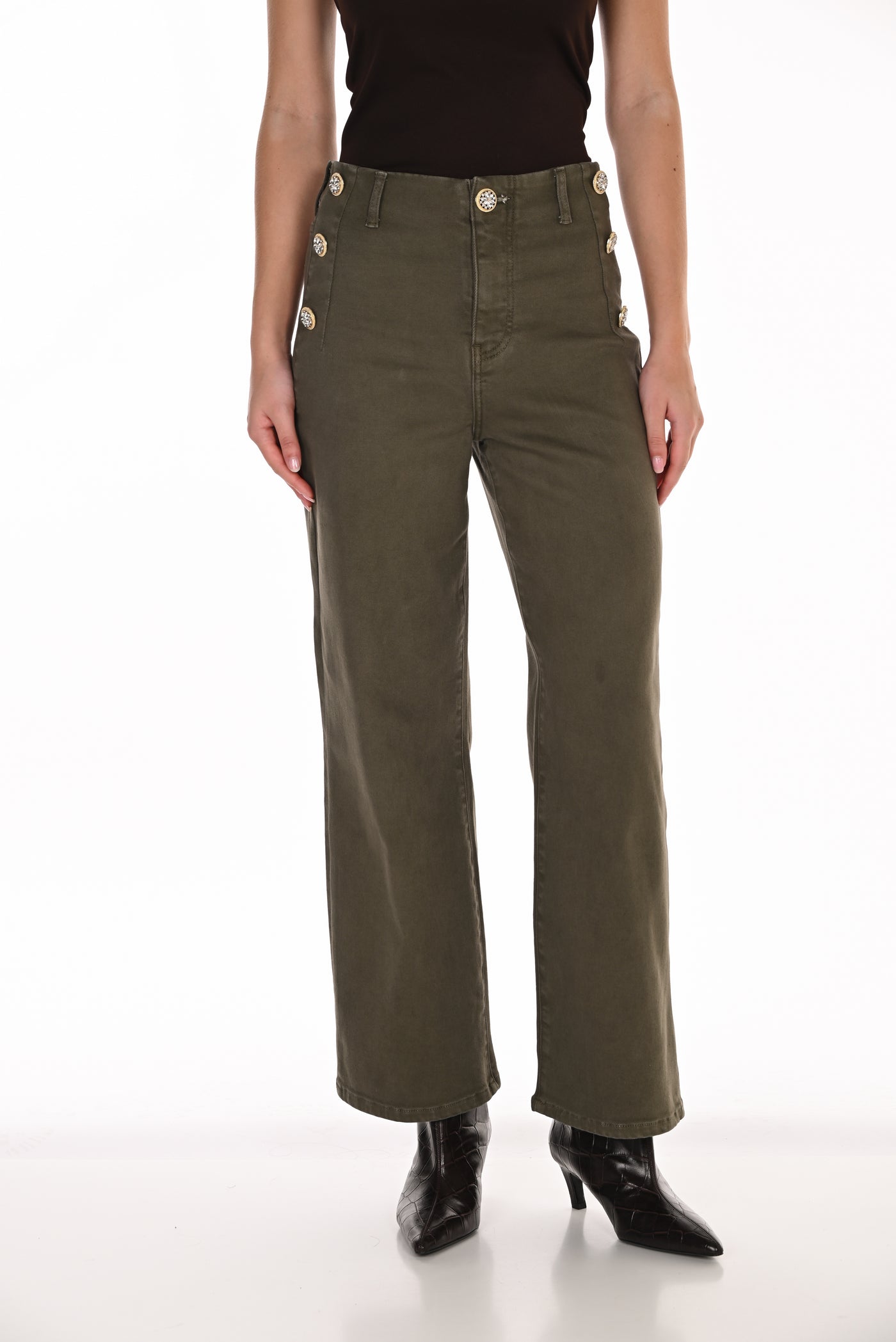 FL263789  OLIVE Gold Dome Flat Front Wide Leg Jean