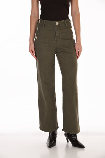 FL263789  OLIVE Gold Dome Flat Front Wide Leg Jean