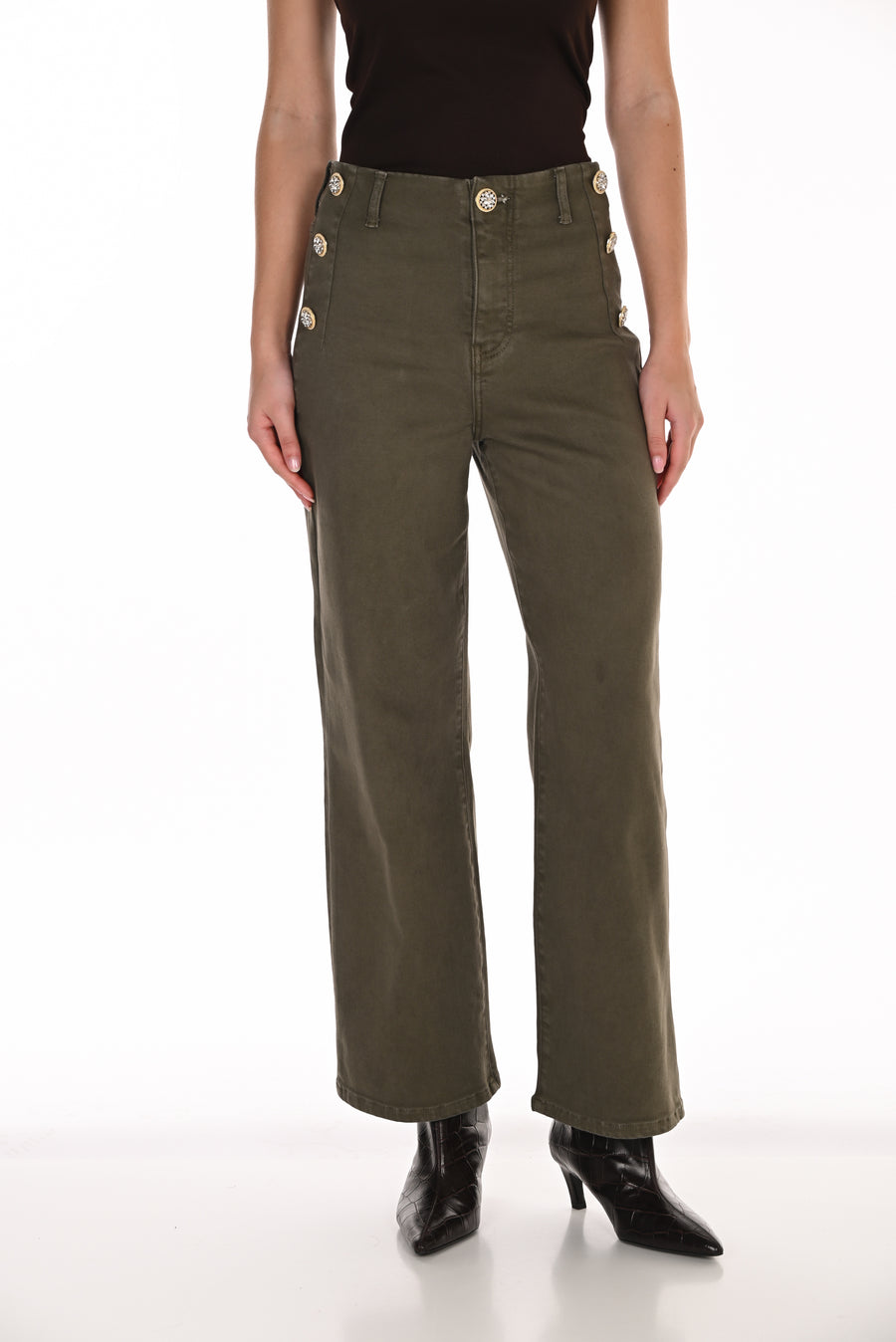 FL263789  OLIVE Gold Dome Flat Front Wide Leg Jean