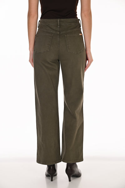 FL263789  OLIVE Gold Dome Flat Front Wide Leg Jean