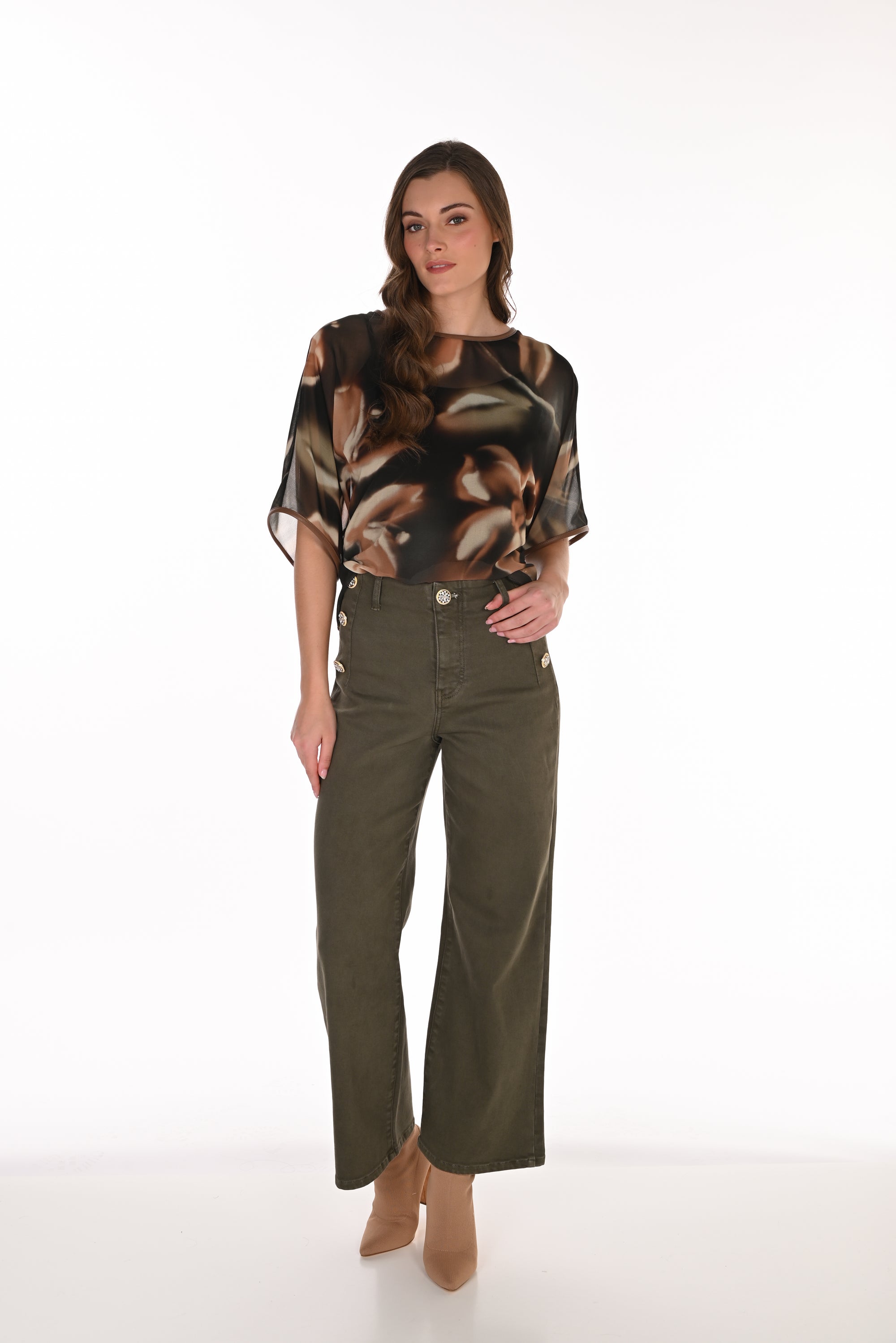 FL263789  OLIVE Gold Dome Flat Front Wide Leg Jean