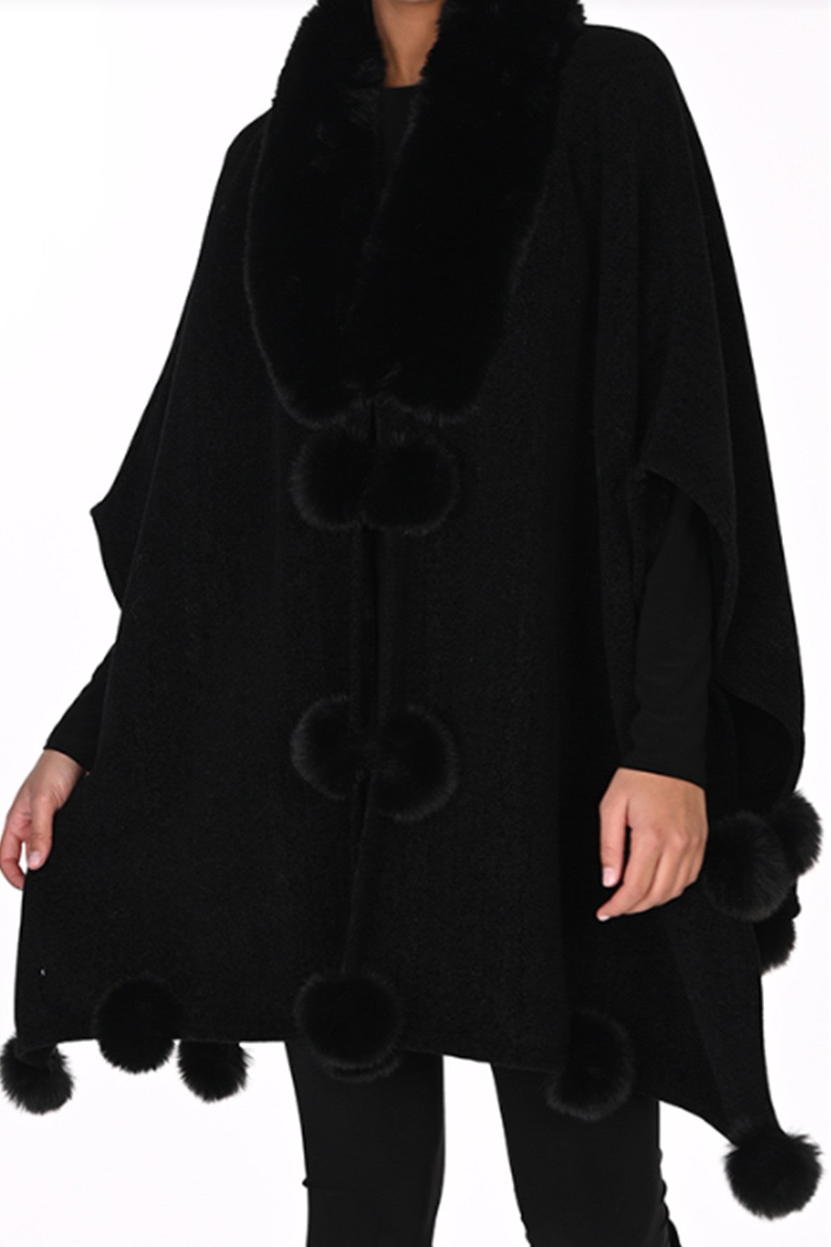 FL263801 Fur Lined Lux Velour Poncho With Fur Trim