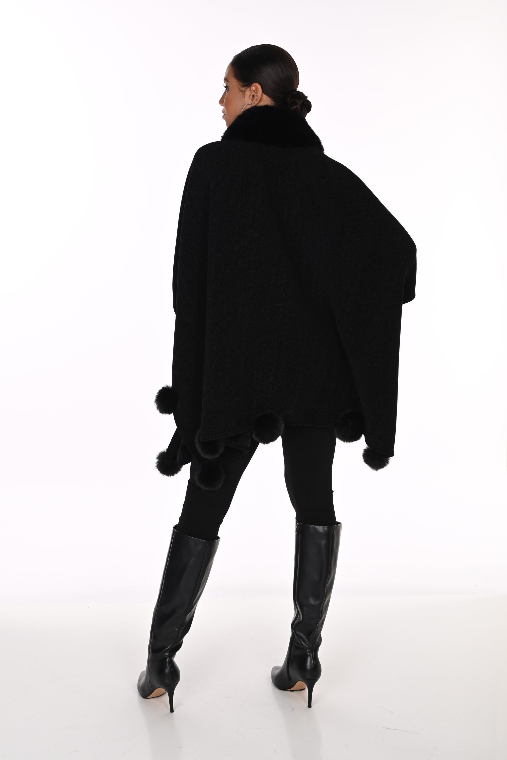FL263801 Fur Lined Lux Velour Poncho With Fur Trim