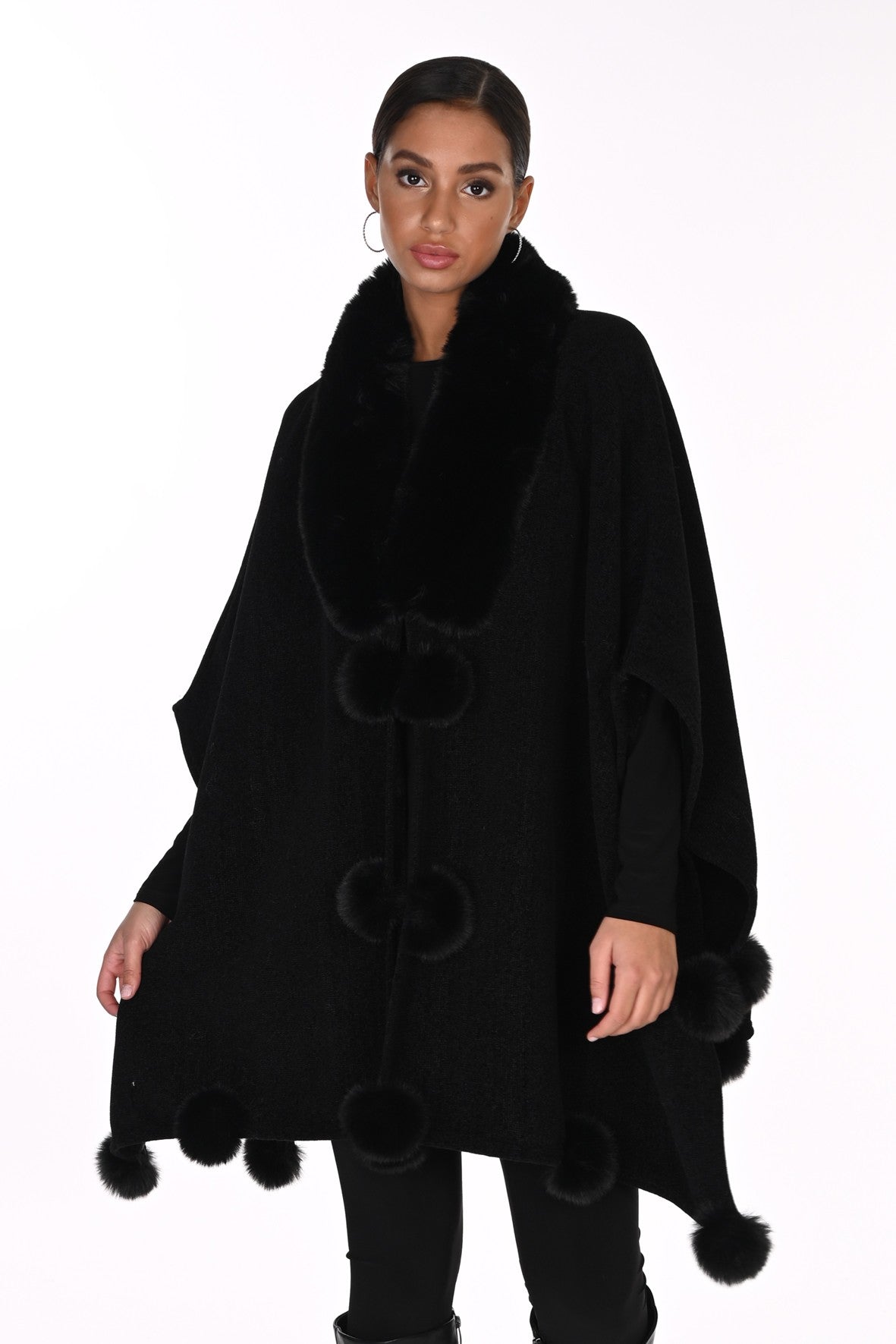 FL263801 Fur Lined Lux Velour Poncho With Fur Trim