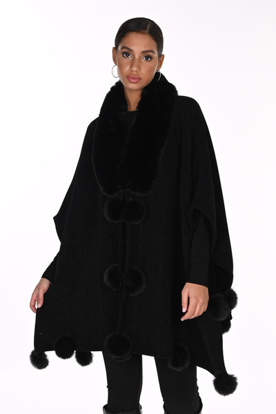FL263801 Fur Lined Lux Velour Poncho With Fur Trim