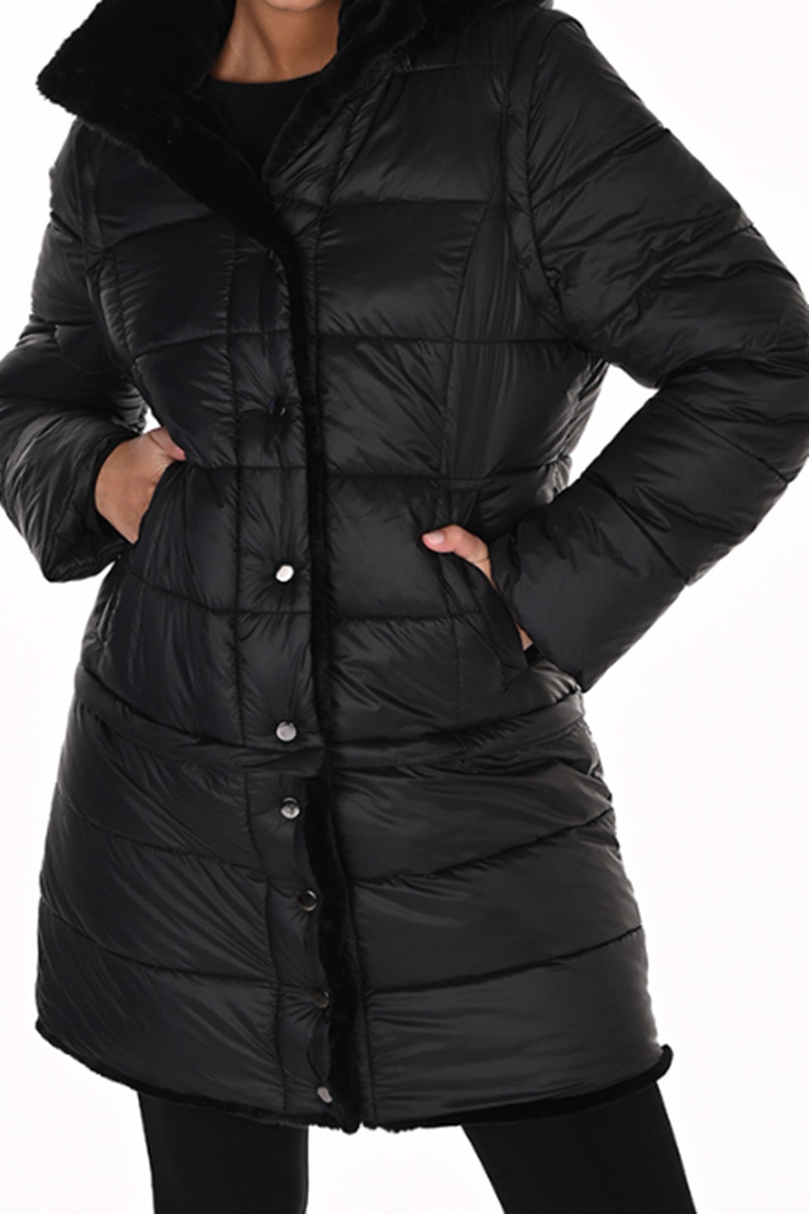 FL263805 Reversable Fur Lined Puffer Coat / Zip Off  Jacket