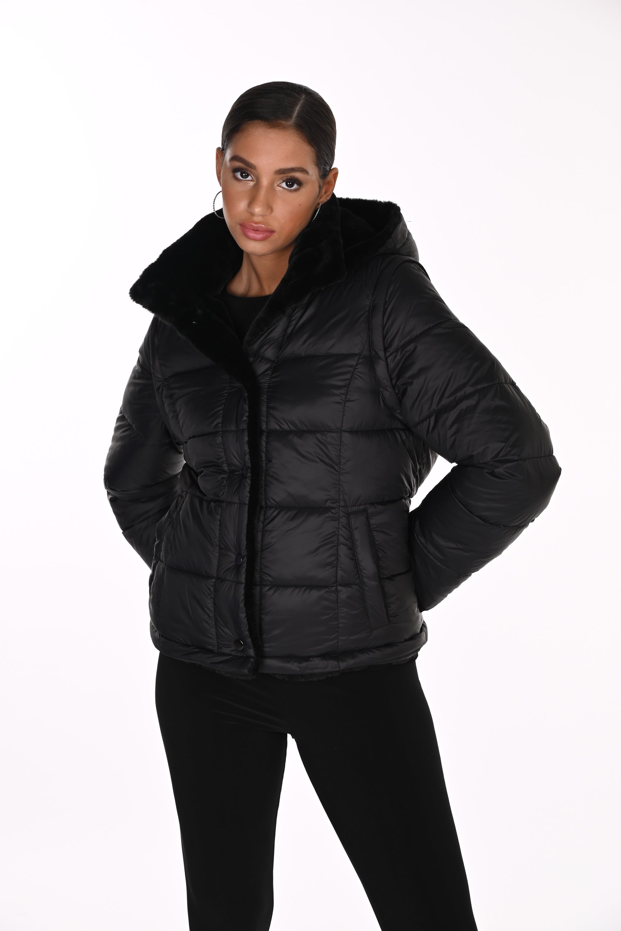 FL263805 Reversable Fur Lined Zip Puffer Coat / Jacket / Vest